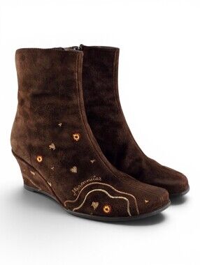 Hispanitas Women's Embroidered Suede Wedge Ankle Boots Brown 37